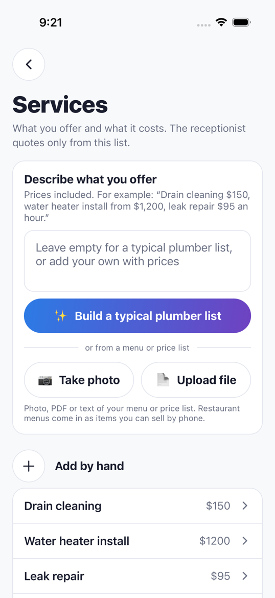 RingCue services and prices screen